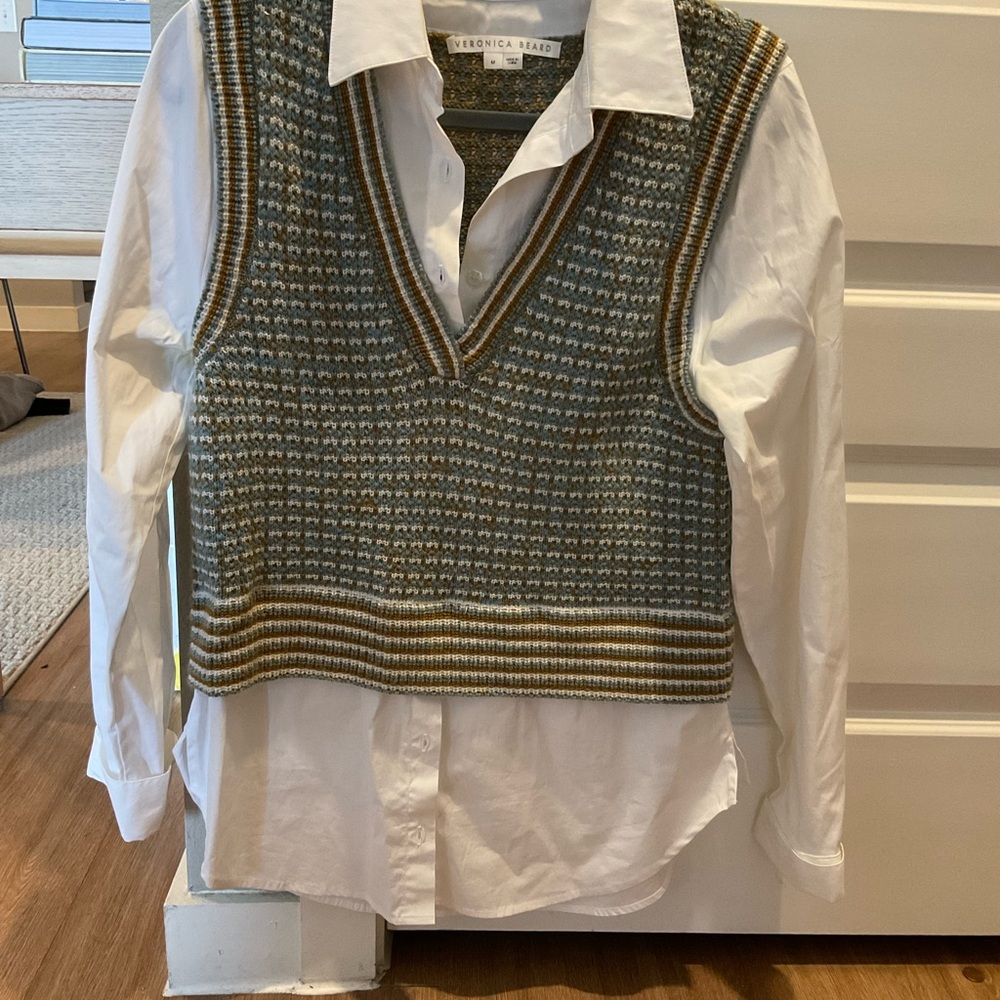 Veronica Beard White Button Down Shirt with Multicolor Knit Vest
